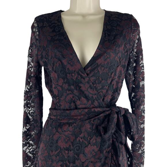 Ganni Flynn Lace Ruffle Wrap Dress Burgundy Black Size 2 - Picture 4 of 11
